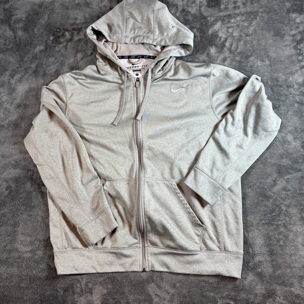Nike Therma-FIT Hoodie Mens Large Gray Full Zip Fleece Sweatshirt Swoosh Logo